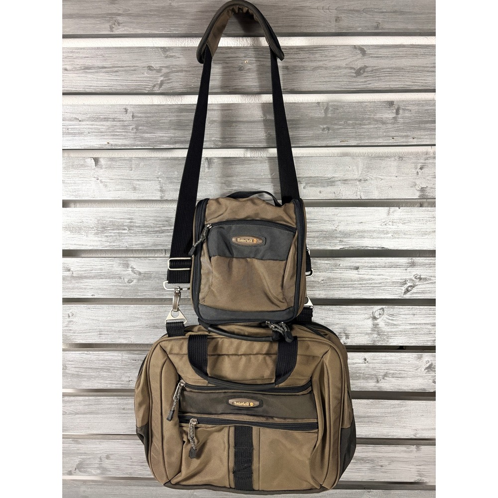 Timberland Travel Messenger Bag and Accessory Pouch Brown Ballistic Set Vintage